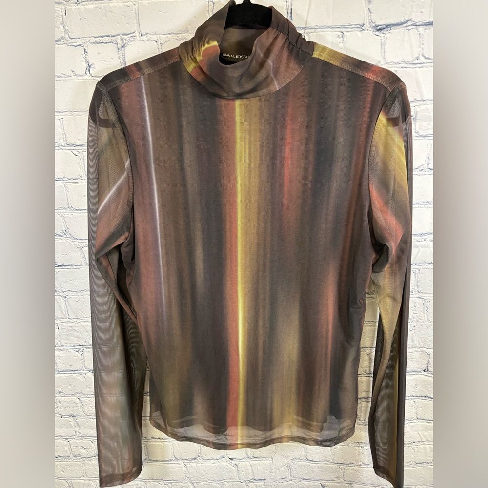 Bailey/44 Long-sleeve High-neck Vertical Gradient Striped Semi Sheer Mesh Top L